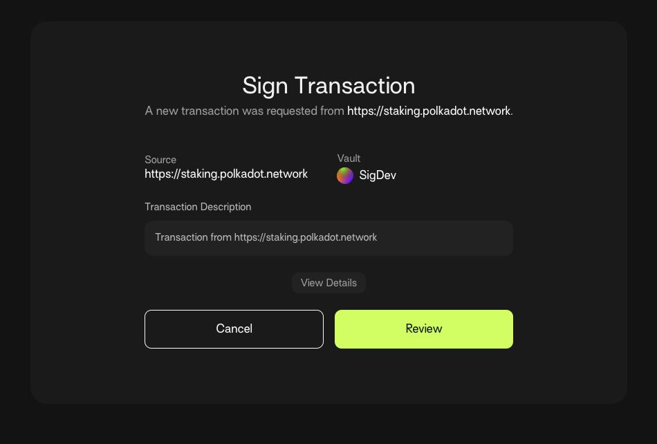 Within Polkadot Multisig, you will be able to review and approve the transaction crafted from the Dapp. You can check the calldata by clicking View Details